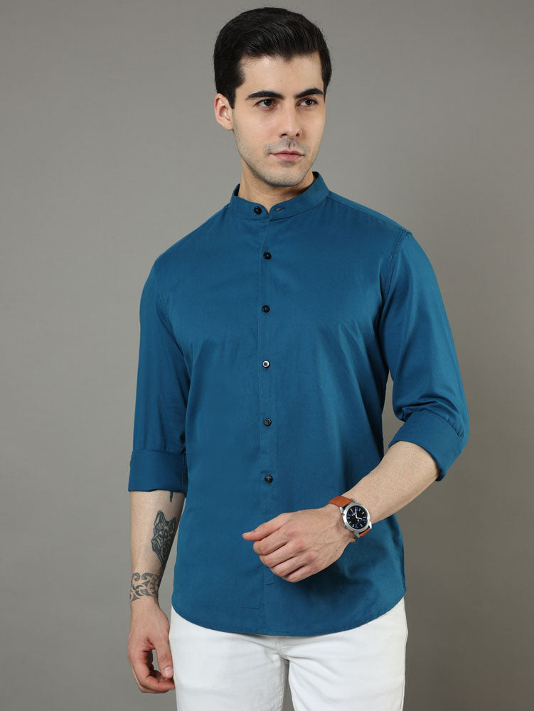 Mao Collar Teal Solid Shirt Printed Shirt Bushirt