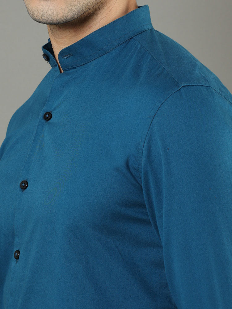 Mao Collar Teal Solid Shirt Printed Shirt Bushirt