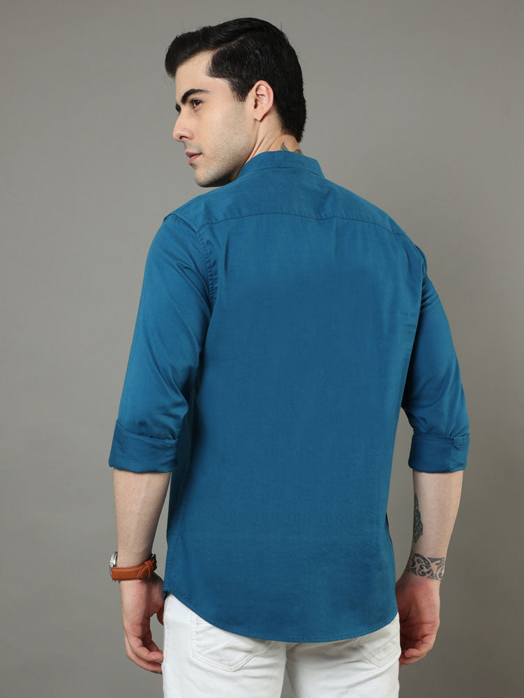 Mao Collar Teal Solid Shirt Printed Shirt Bushirt