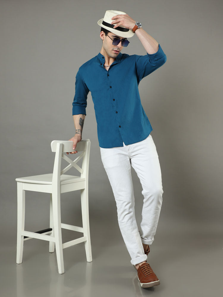 Mao Collar Teal Solid Shirt Printed Shirt Bushirt