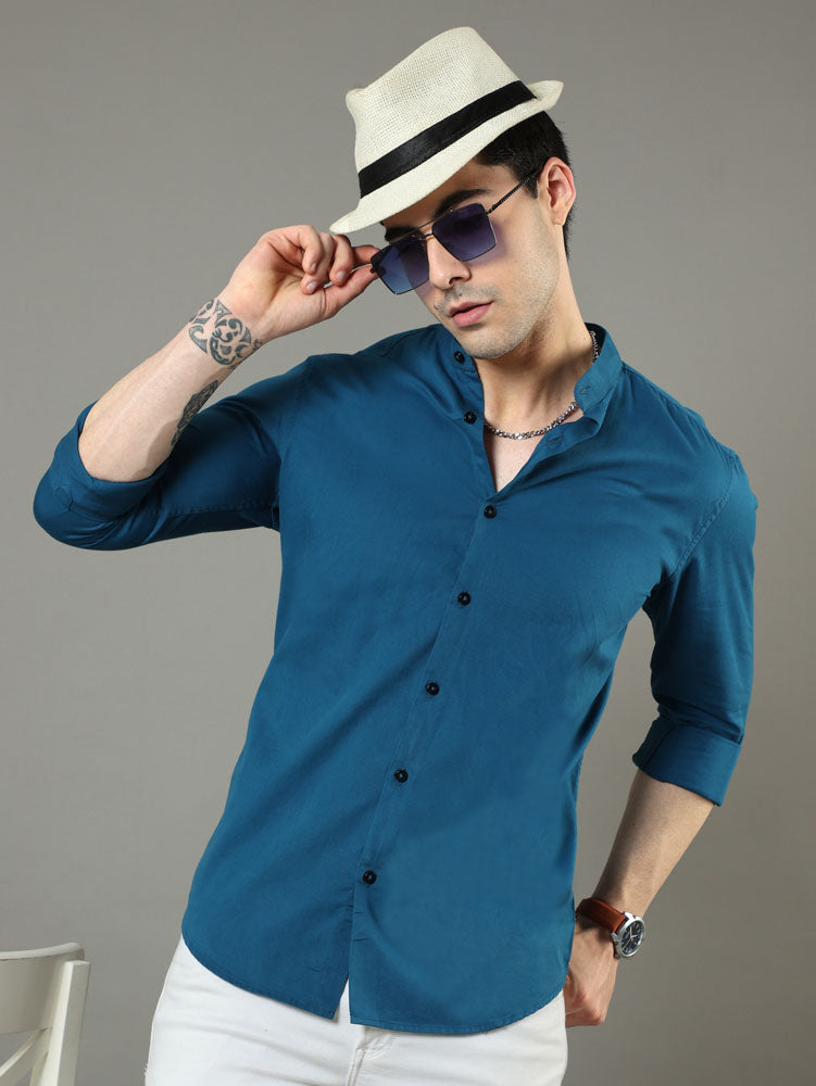 Mao Collar Teal Solid Shirt Printed Shirt Bushirt