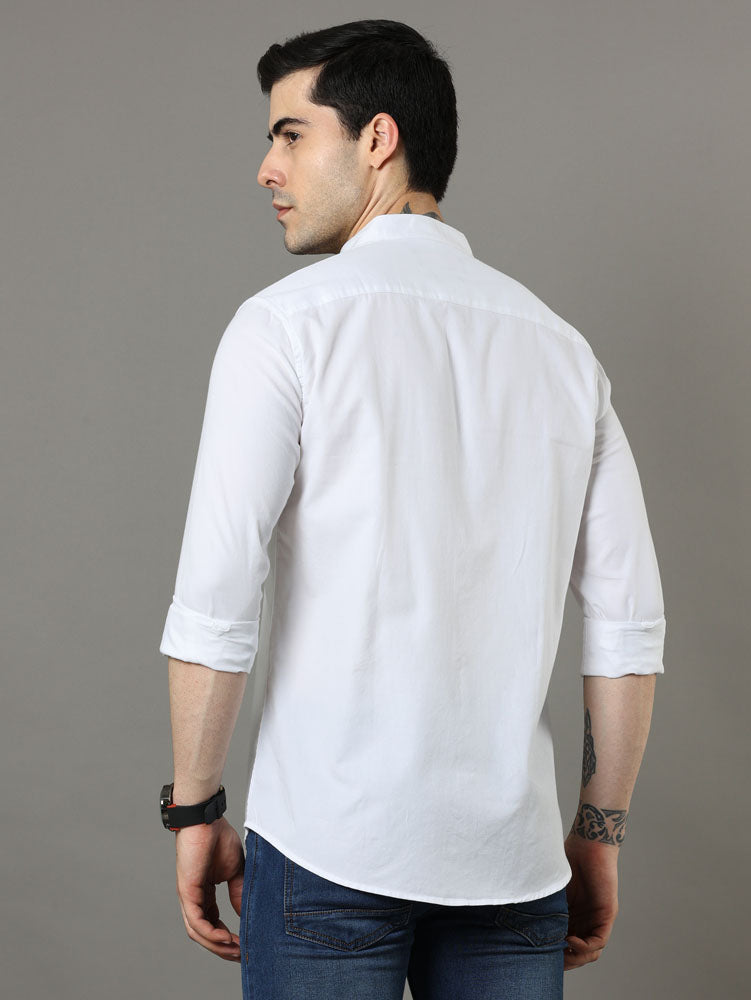 Mao Collar White Solid Shirt Solid Shirt Bushirt   