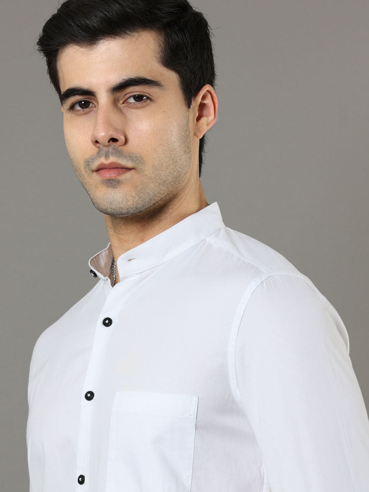 Mao Collar White Solid Shirt Solid Shirt Bushirt