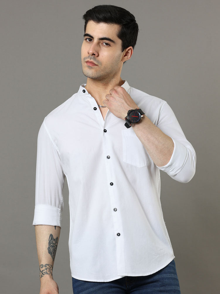 Mao Collar White Solid Shirt Solid Shirt Bushirt