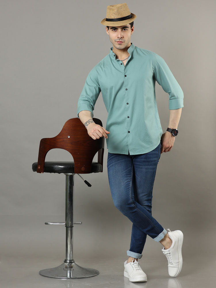 Mao Collar Laurel Green Solid Shirt Solid Shirt Bushirt   