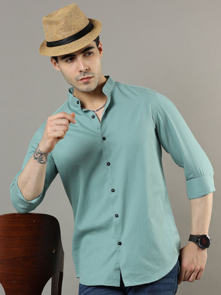 Mao Collar Laurel Green Solid Shirt Solid Shirt Bushirt   