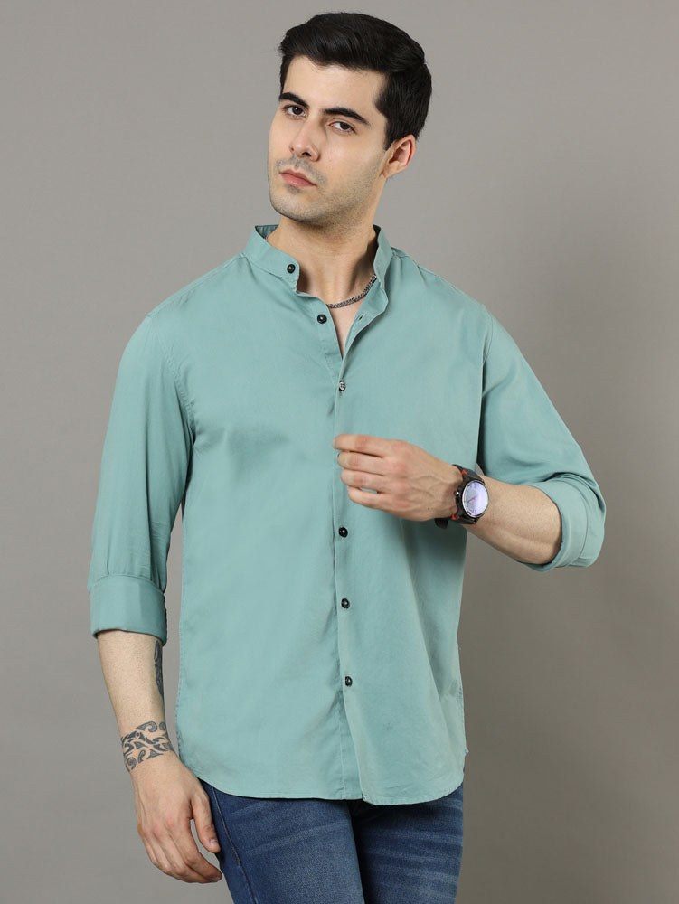 Mao Collar Laurel Green Solid Shirt Solid Shirt Bushirt   