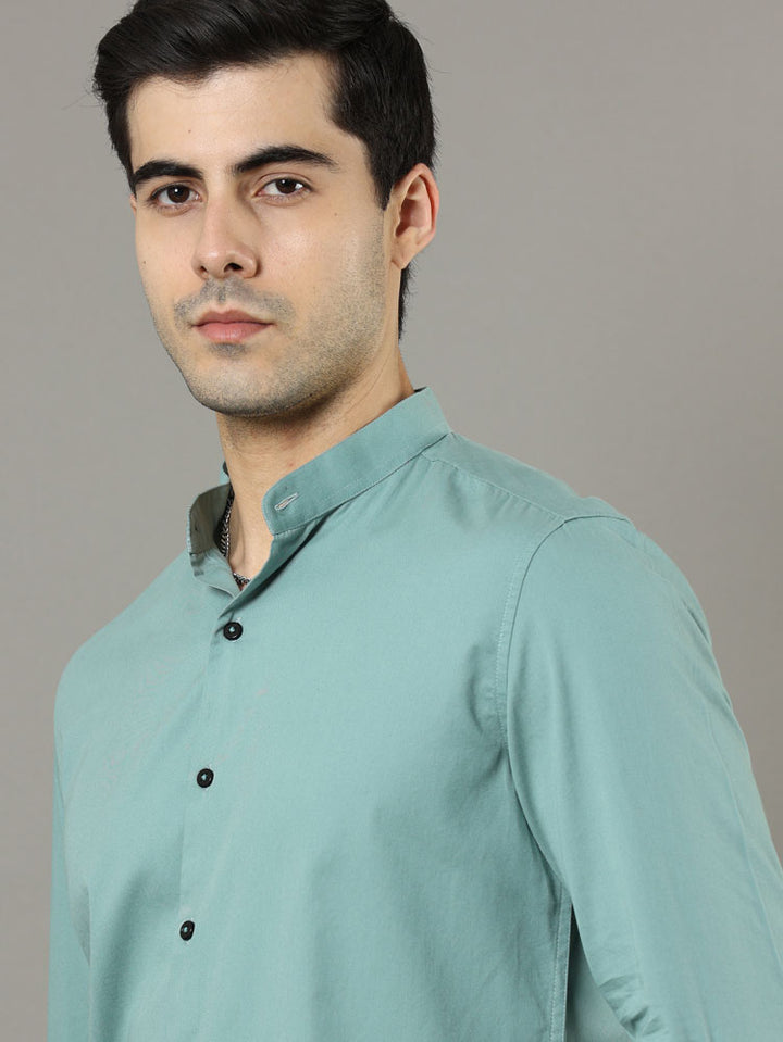 Mao Collar Laurel Green Solid Shirt Solid Shirt Bushirt   