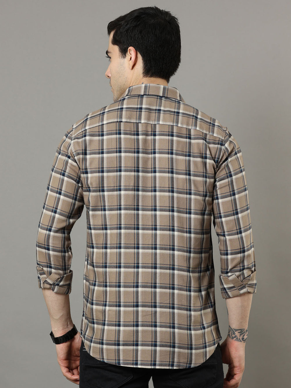 Cross Flap Camel Brown Check Shirt Checks Shirt Bushirt