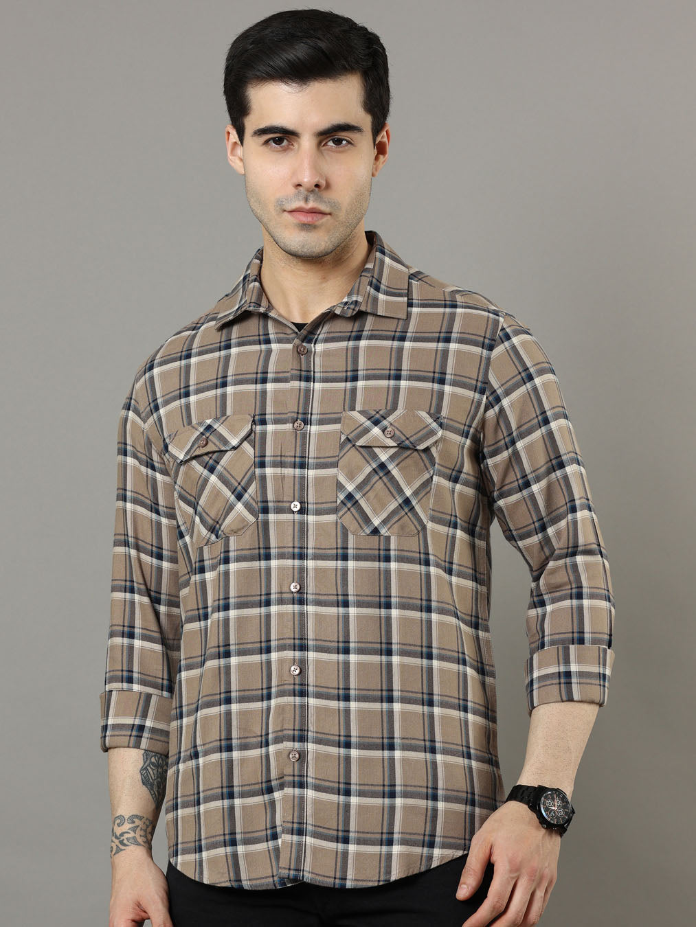 Cross Flap Camel Brown Check Shirt Checks Shirt Bushirt