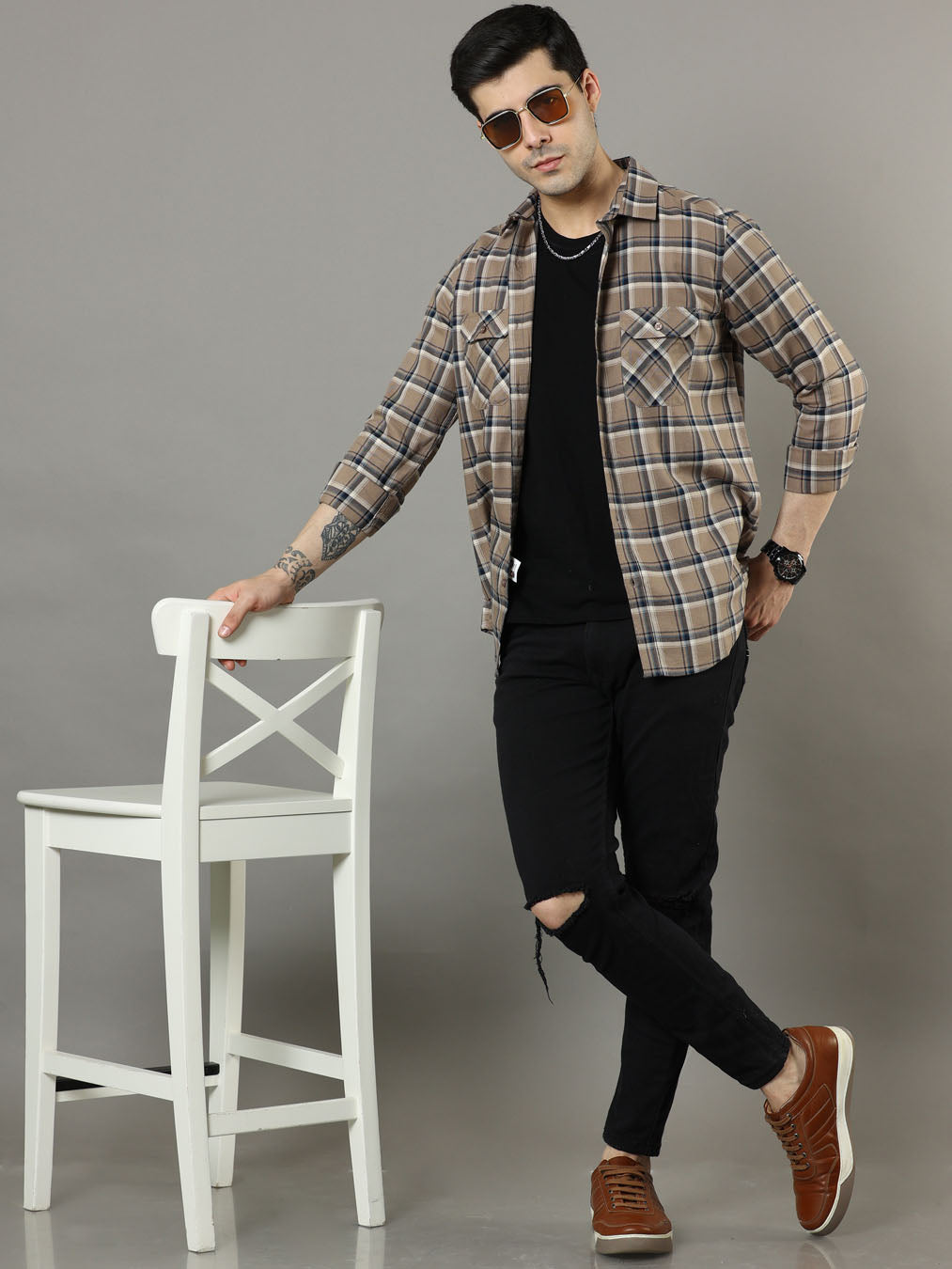 Cross Flap Camel Brown Check Shirt Checks Shirt Bushirt
