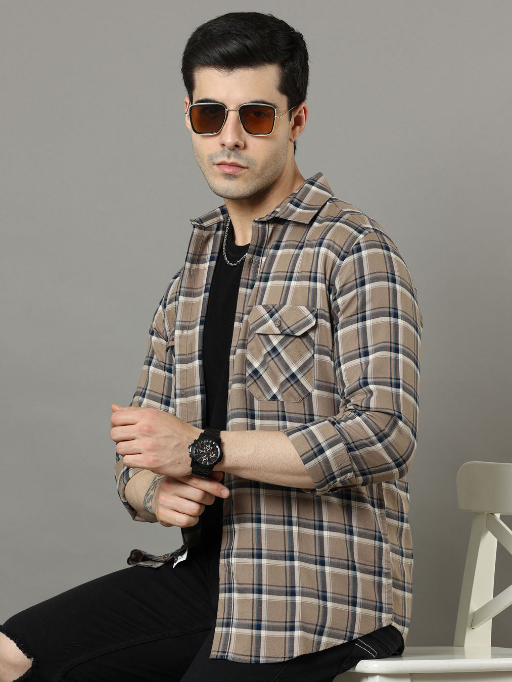 Cross Flap Camel Brown Check Shirt Checks Shirt Bushirt
