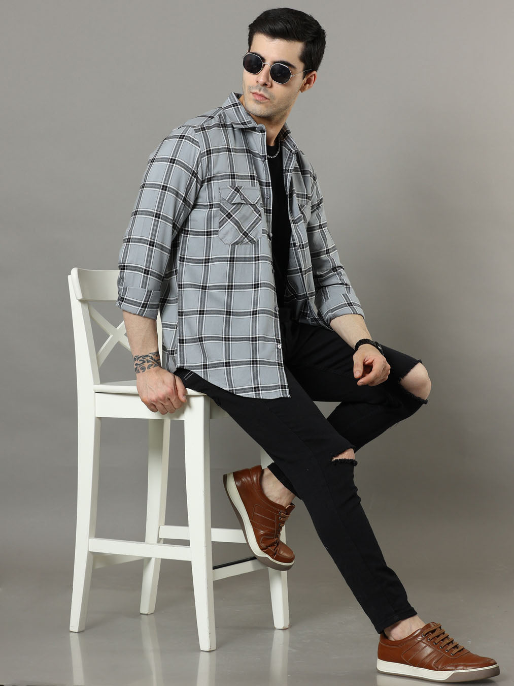 Cross Flap Grey  Check Shirt Checks Shirt Bushirt