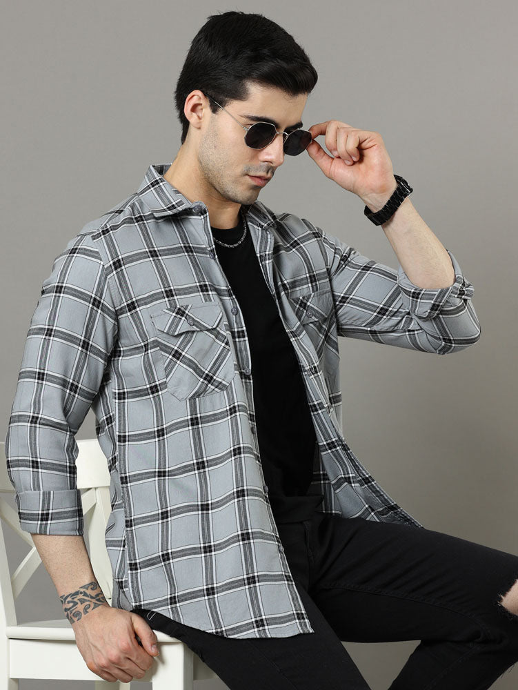 Cross Flap Grey  Check Shirt Checks Shirt Bushirt   