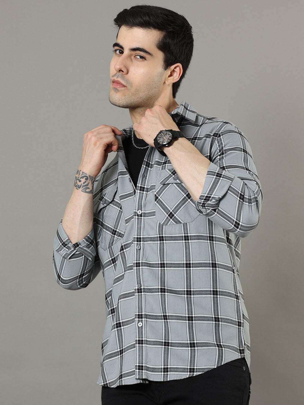 Cross Flap Grey  Check Shirt Checks Shirt Bushirt
