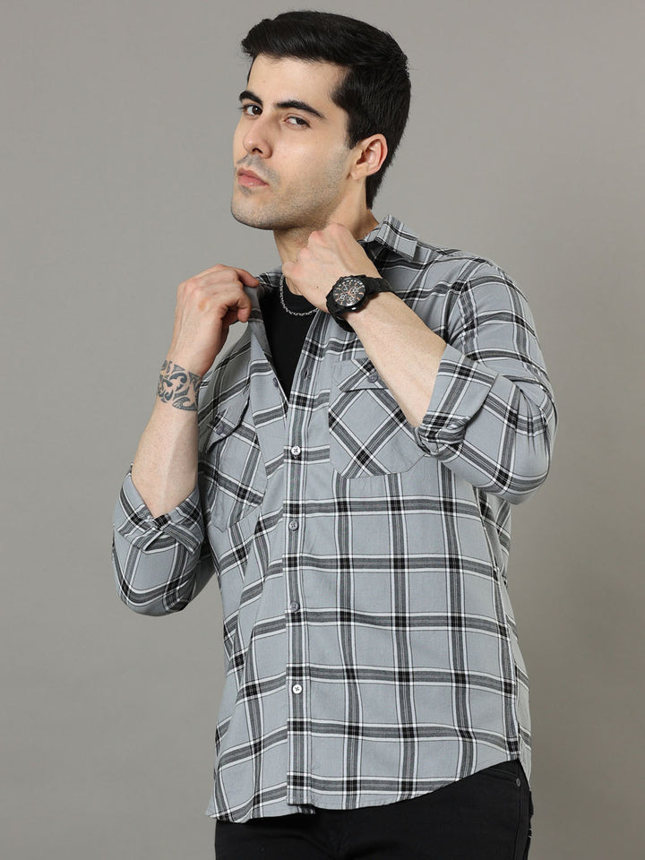 Cross Flap Grey  Check Shirt Checks Shirt Bushirt
