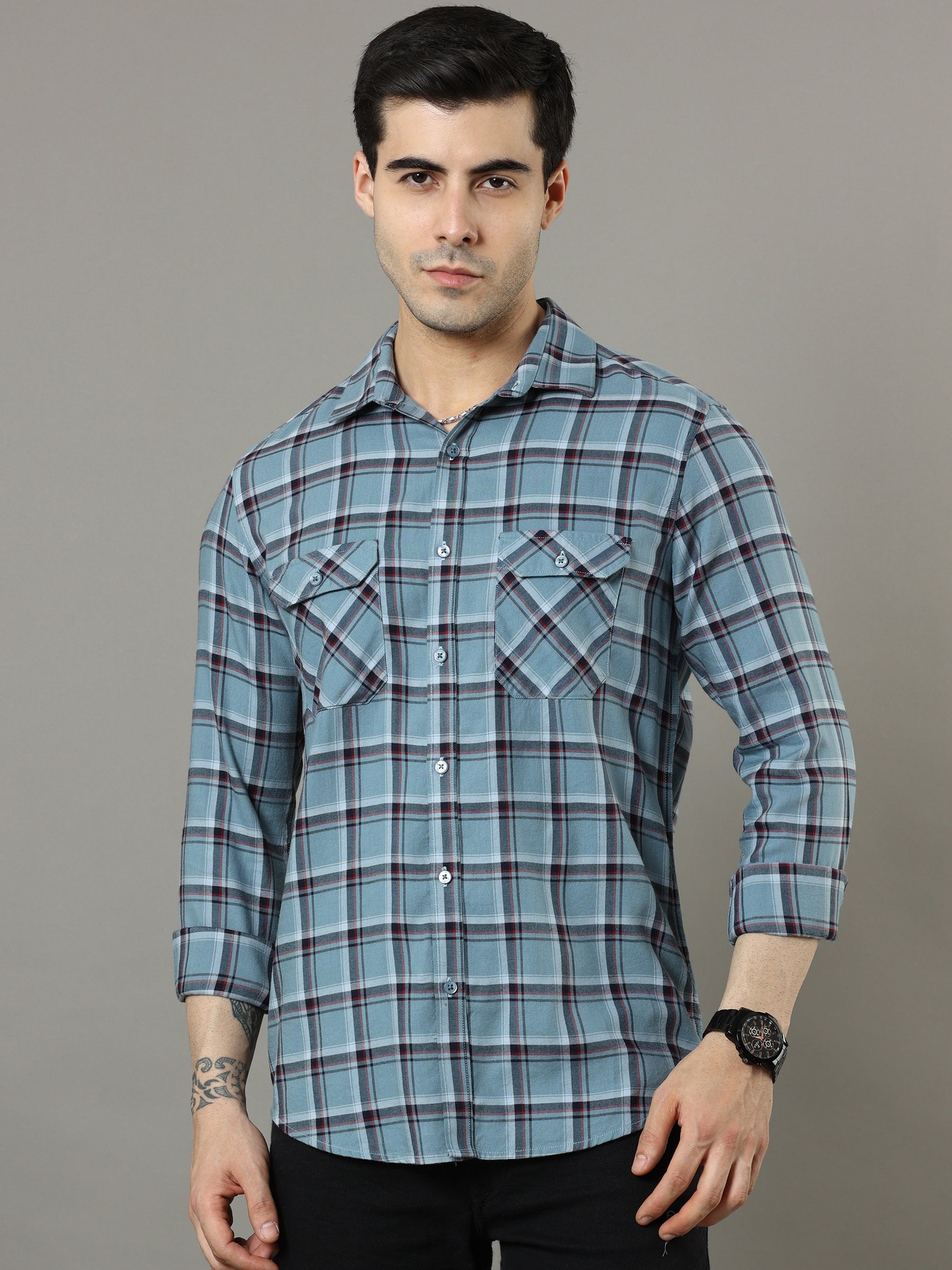 Cross Flap Steel Blue Check Shirt Checks Shirt Bushirt
