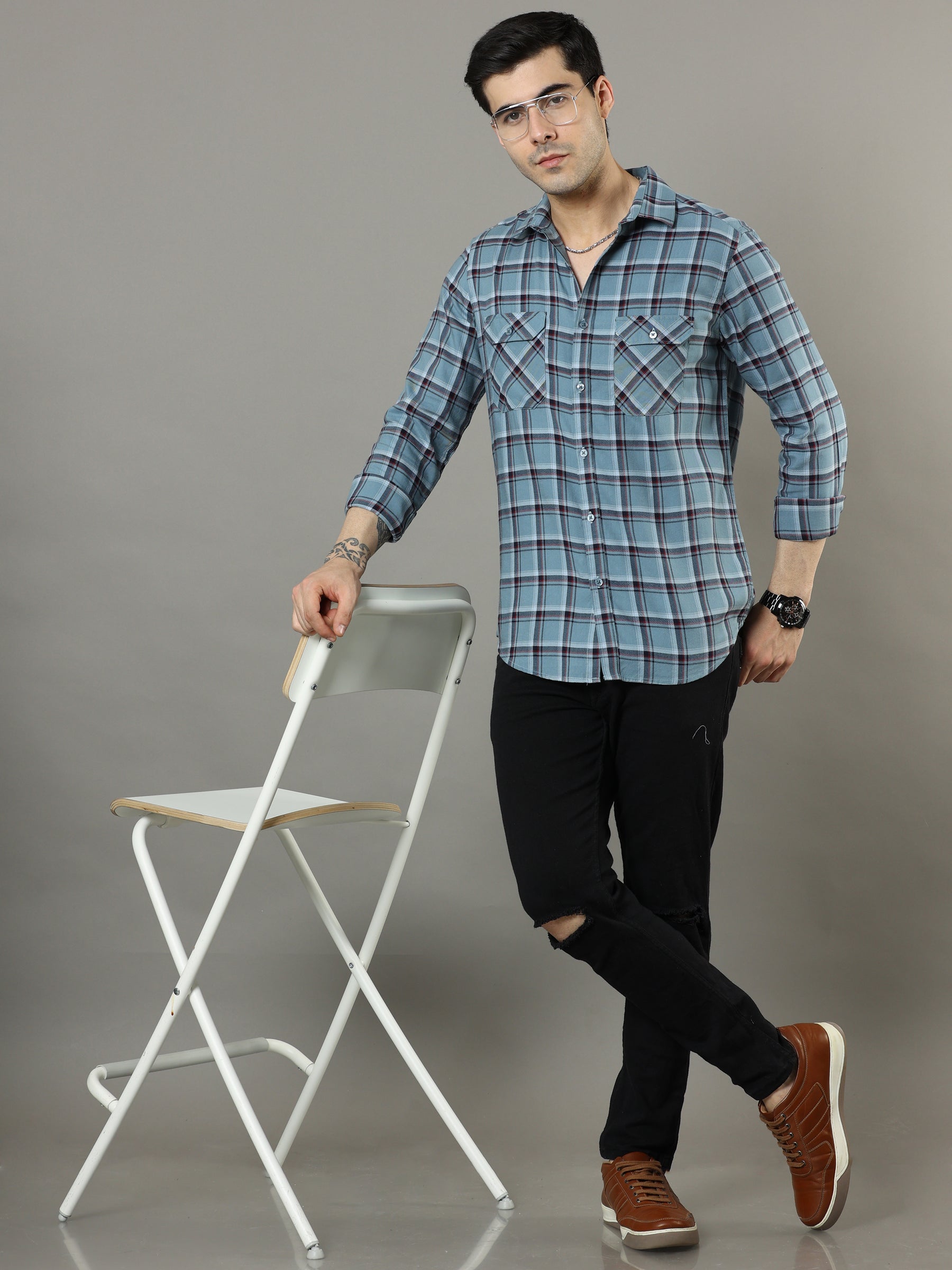 Cross Flap Steel Blue Check Shirt Checks Shirt Bushirt