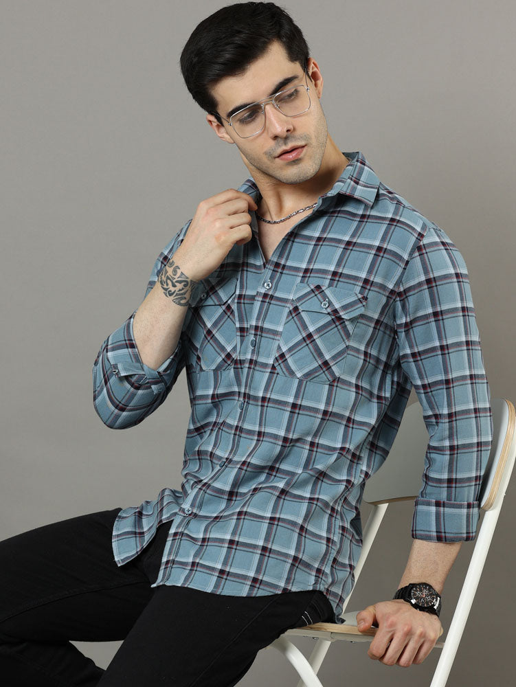Cross Flap Steel Blue Check Shirt Checks Shirt Bushirt
