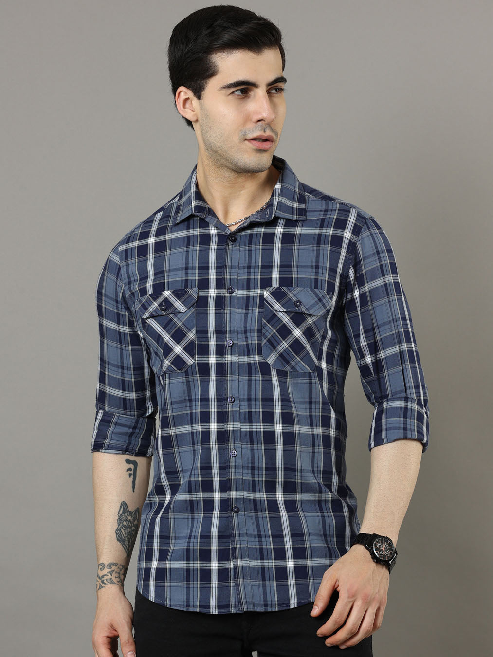 Cross Flap Light Blue Check Shirt Checks Shirt Bushirt