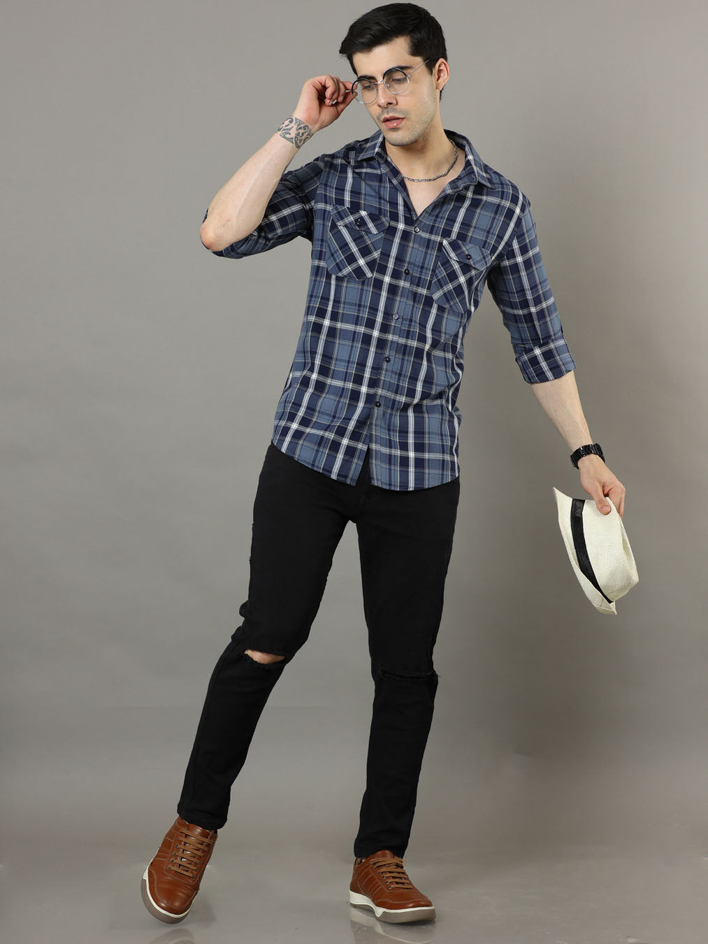 Cross Flap Light Blue Check Shirt Checks Shirt Bushirt