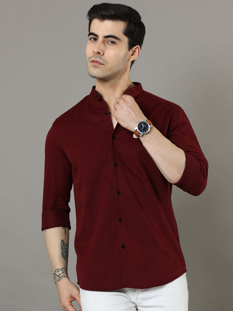 Mao Collar Maroon Solid Shirt Solid Shirt Bushirt
