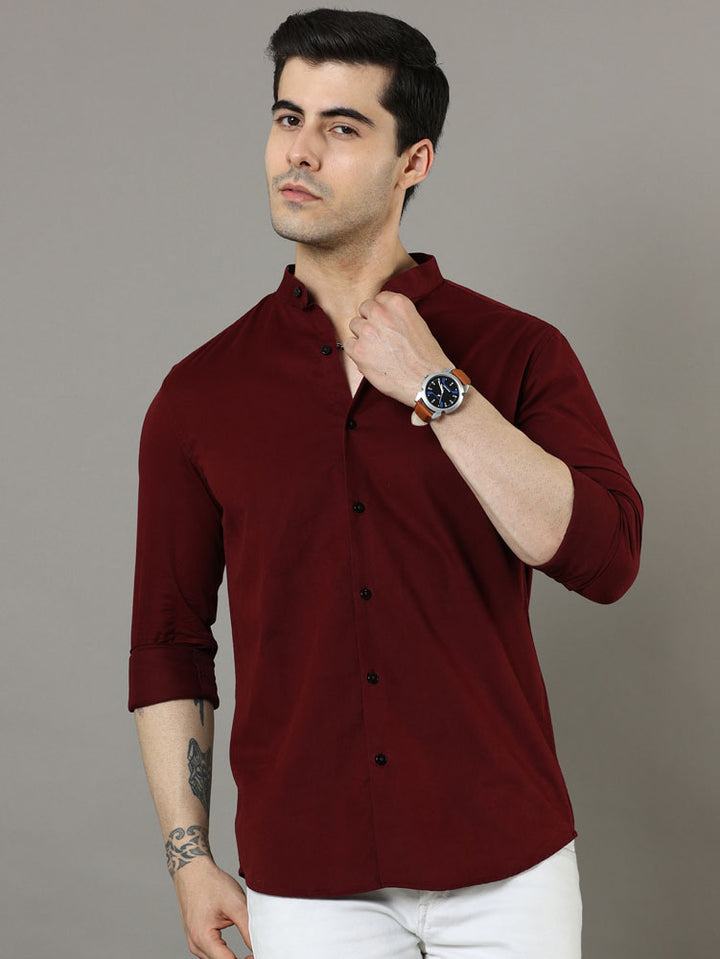 Mao Collar Maroon Solid Shirt Solid Shirt Bushirt