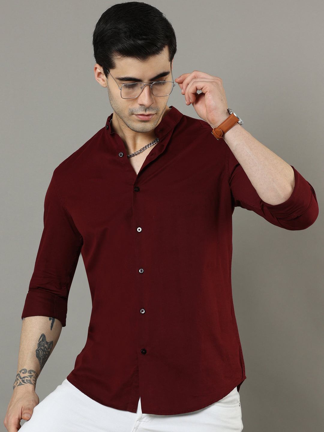 Mao Collar Maroon Solid Shirt Solid Shirt Bushirt   