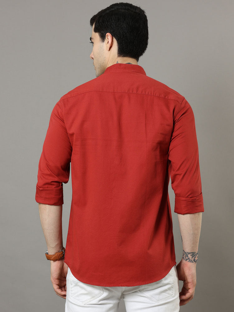 Mao Collar Crimson Solid Shirt Solid Shirt Bushirt   