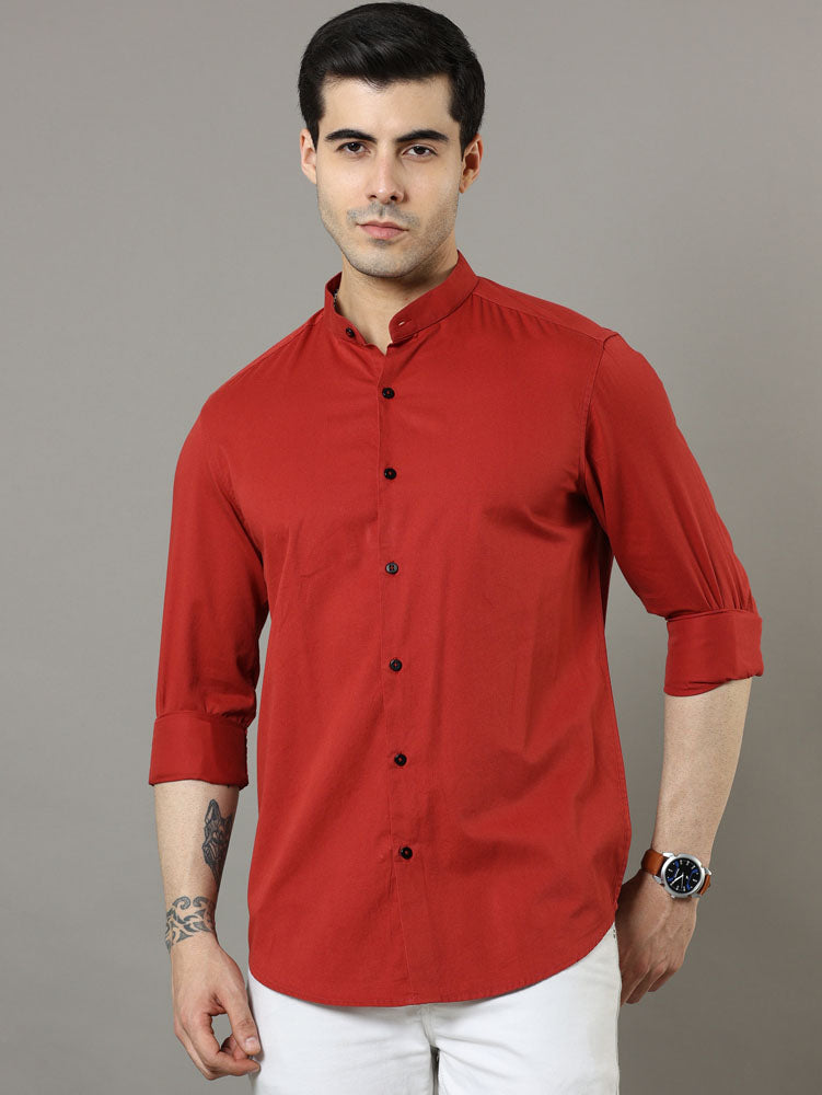 Mao Collar Crimson Solid Shirt Solid Shirt Bushirt