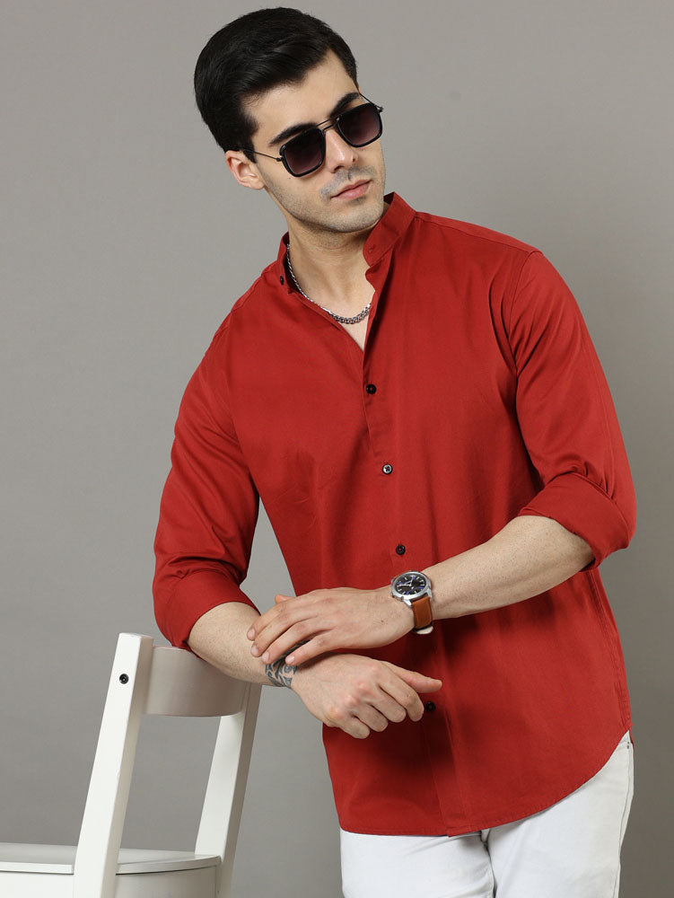 Mao Collar Crimson Solid Shirt Solid Shirt Bushirt   