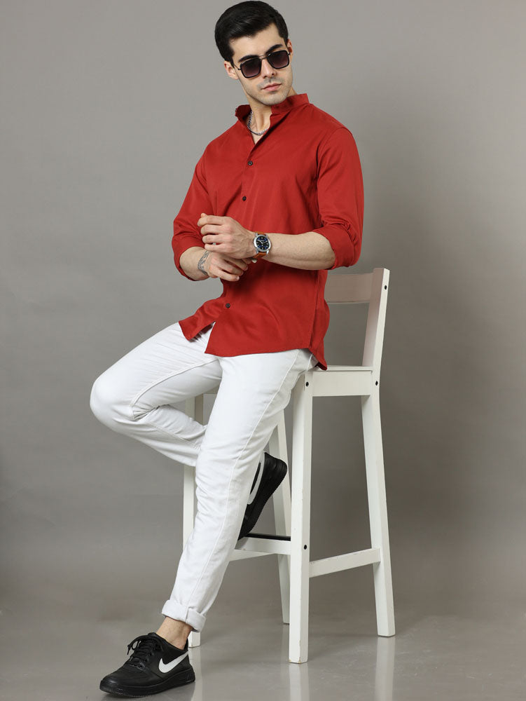 Mao Collar Crimson Solid Shirt Solid Shirt Bushirt