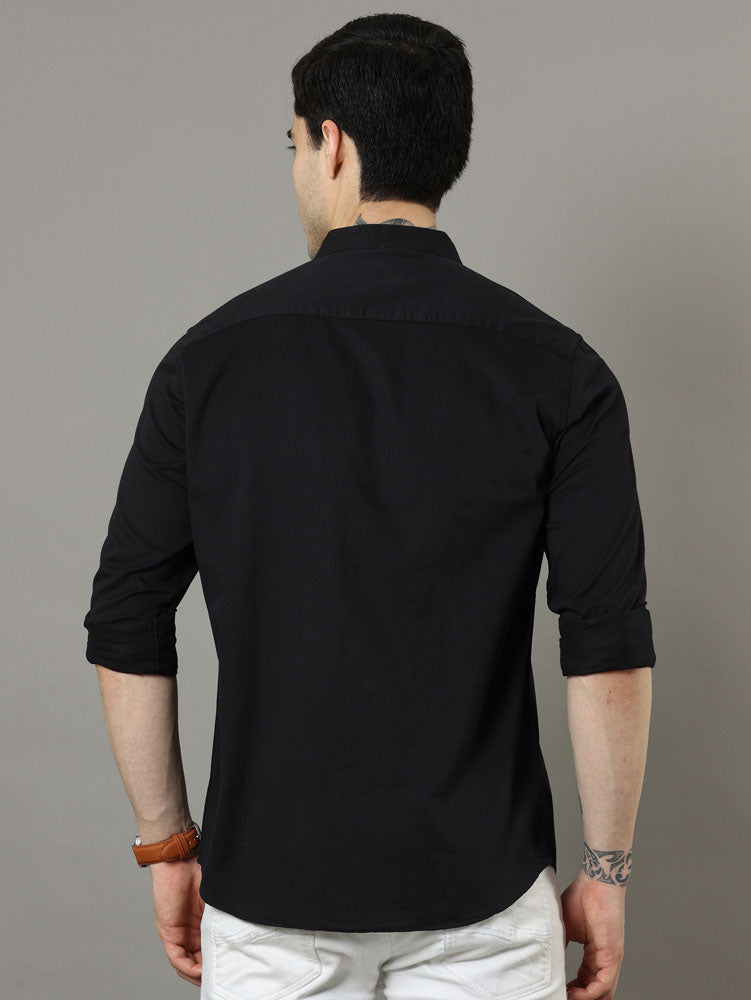 Mao Collar Black Solid Shirt Solid Shirt Bushirt