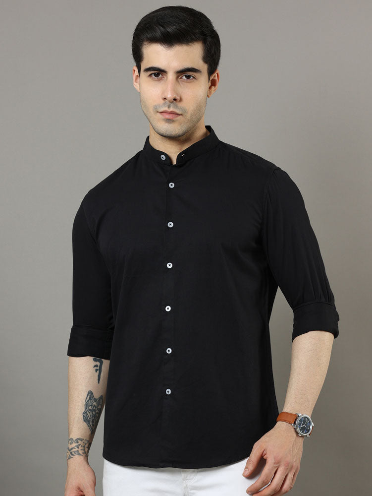Mao Collar Black Solid Shirt Solid Shirt Bushirt