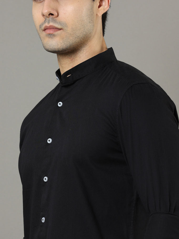 Mao Collar Black Solid Shirt Solid Shirt Bushirt
