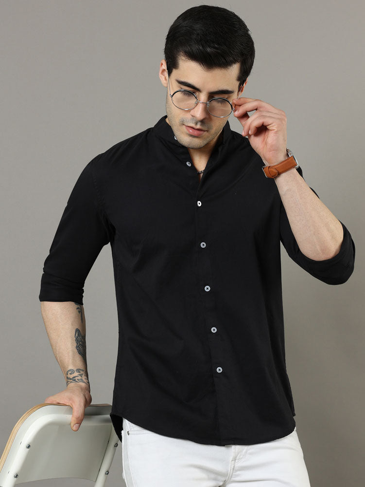 Mao Collar Black Solid Shirt Solid Shirt Bushirt