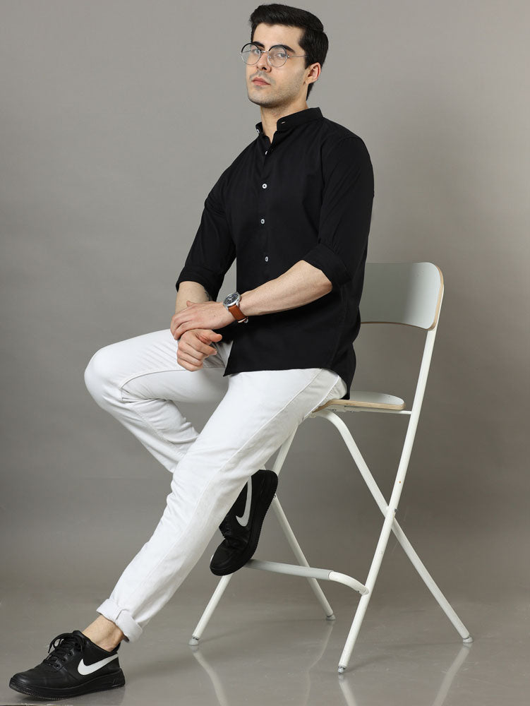 Mao Collar Black Solid Shirt Solid Shirt Bushirt