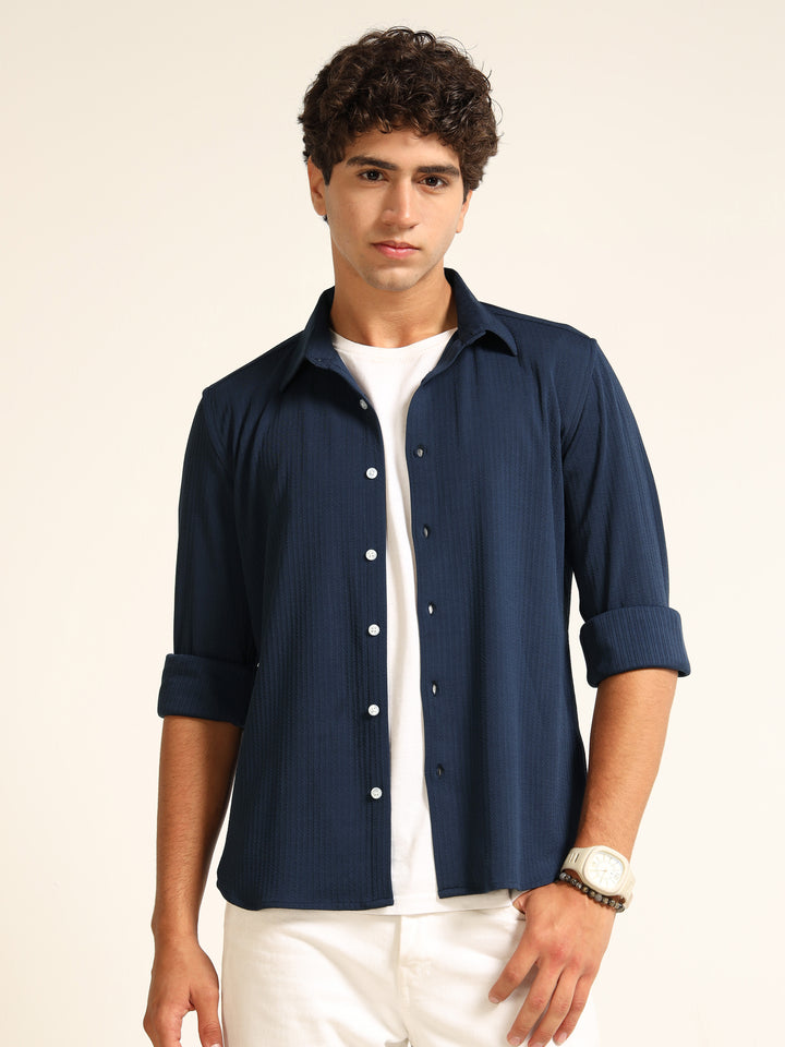 Navy Blue Regular Fit Textured Shirt Structured Shirt Bushirt