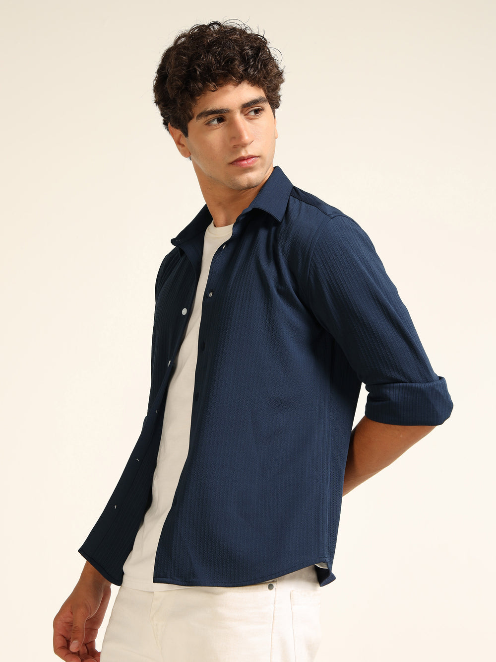 Navy Blue Regular Fit Textured Shirt Structured Shirt Bushirt
