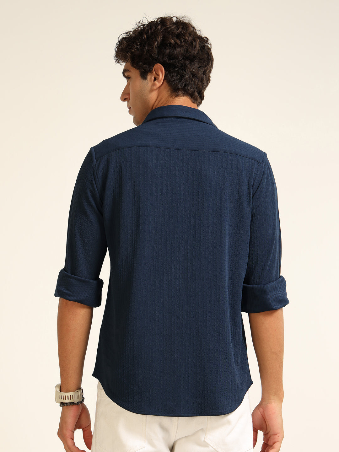 Navy Blue Regular Fit Textured Shirt Structured Shirt Bushirt