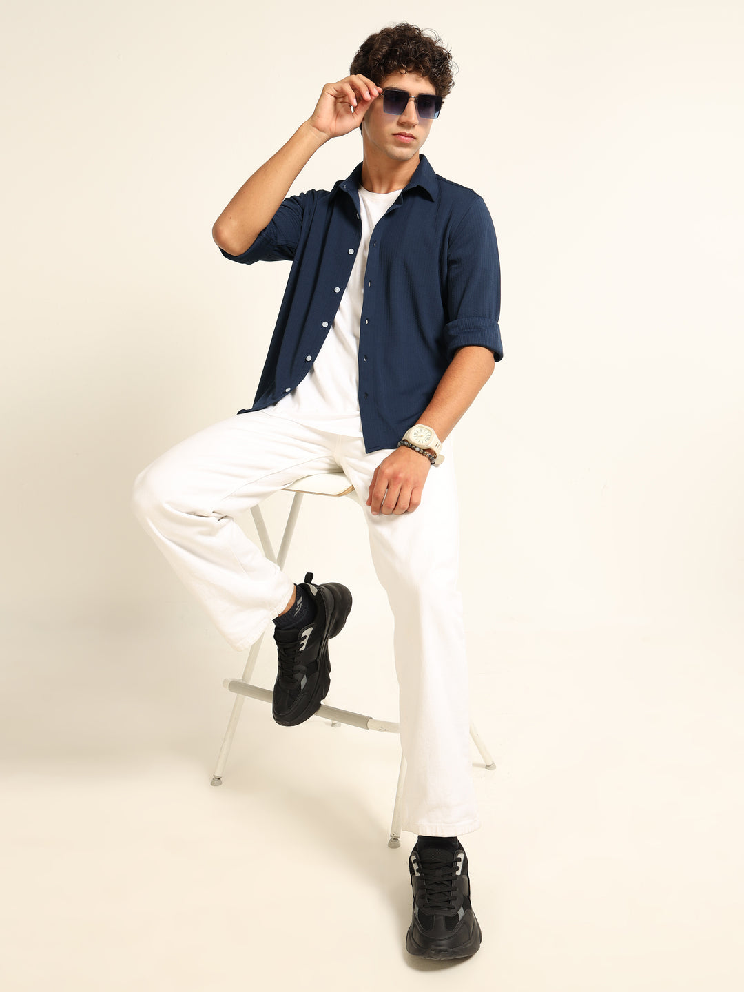 Navy Blue Regular Fit Textured Shirt Structured Shirt Bushirt
