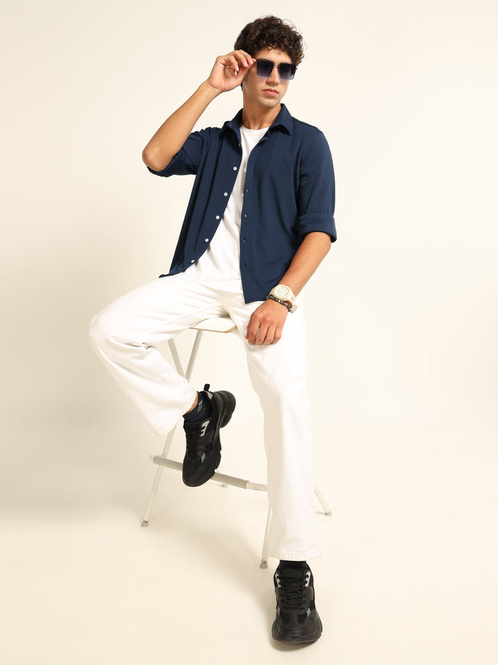 Navy Blue Regular Fit Textured Shirt Structured Shirt Bushirt