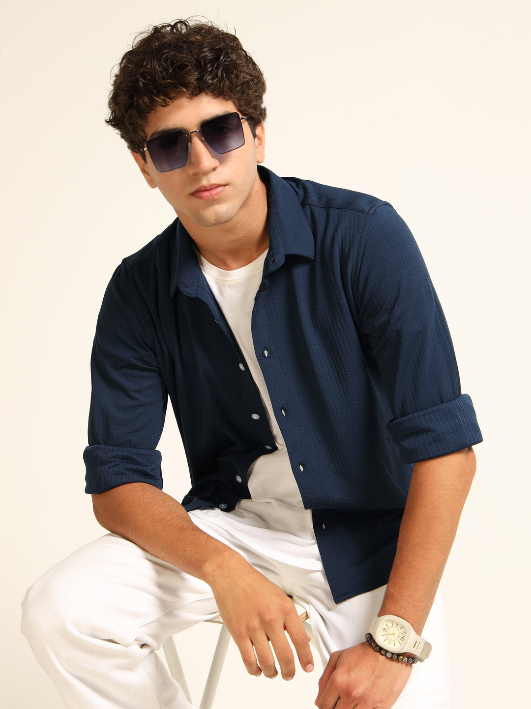 Navy Blue Regular Fit Textured Shirt Structured Shirt Bushirt