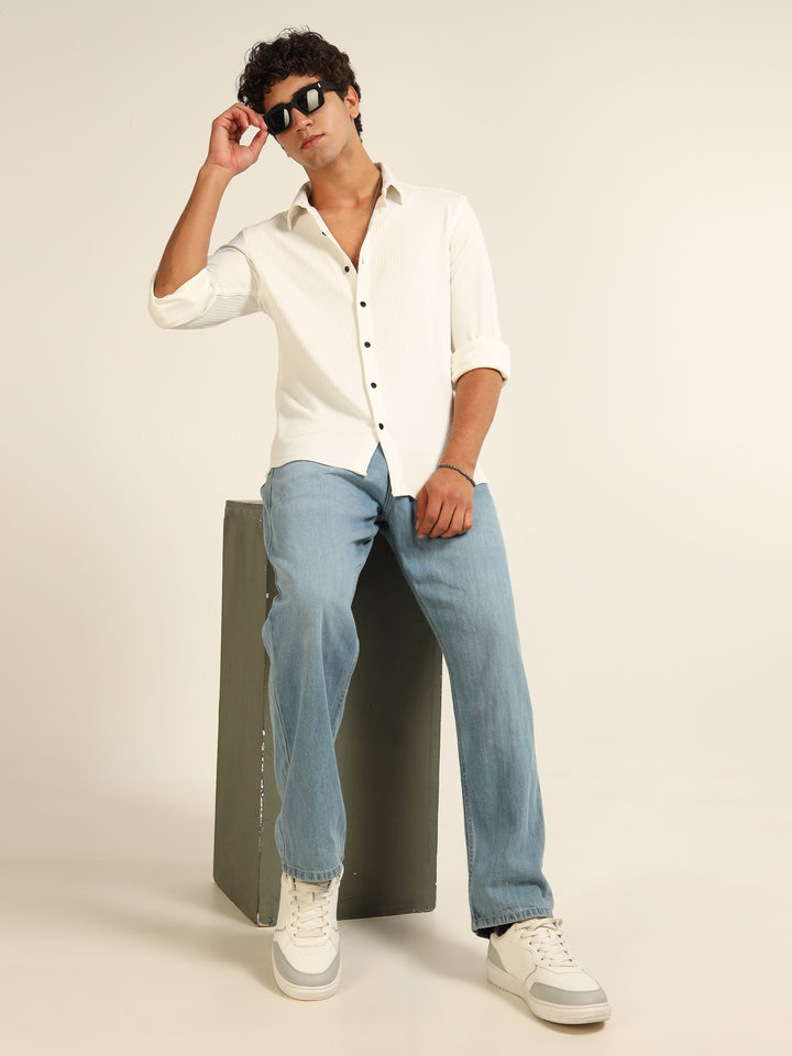 White Regular Fit Textured Shirt Structured Shirt Bushirt