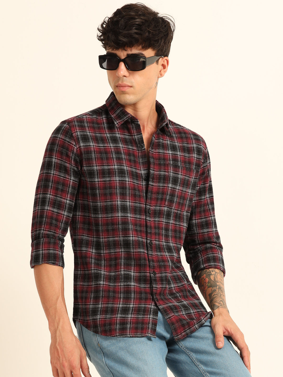 Wine Checks Regular Fit Shirt Checks Shirt Bushirt