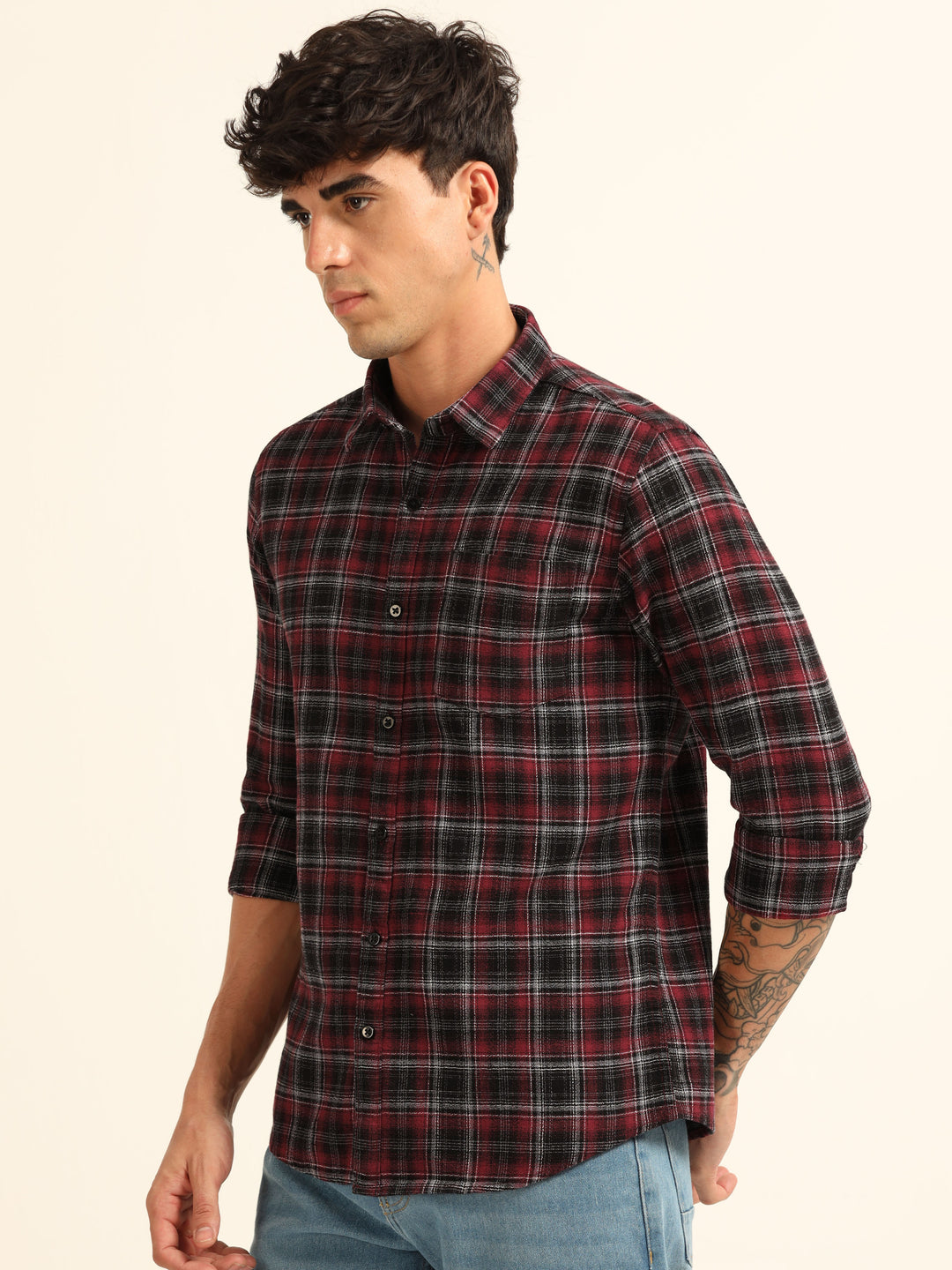 Wine Checks Regular Fit Shirt Checks Shirt Bushirt