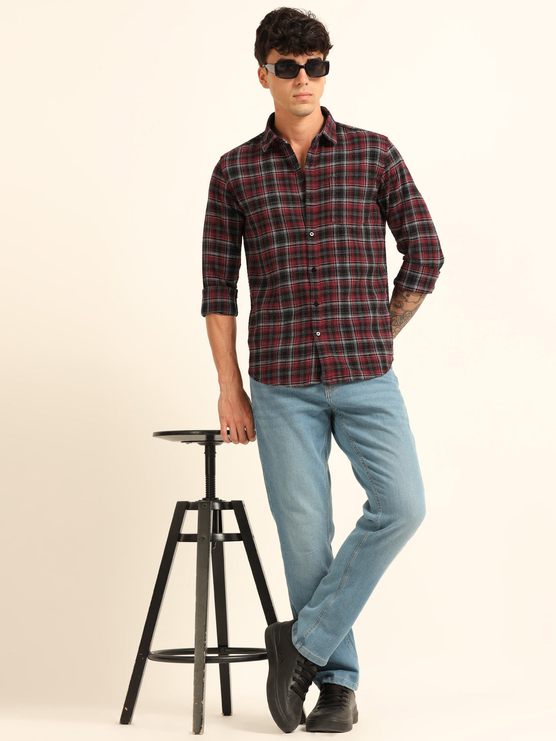 Wine Checks Regular Fit Shirt Checks Shirt Bushirt