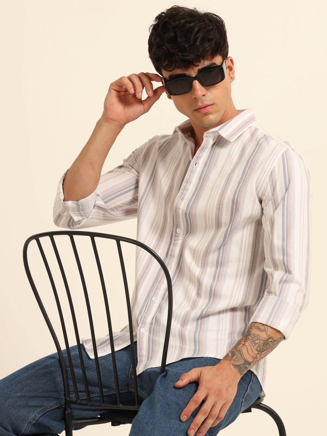 French Taupe Stripes Shirt Stripes Shirt Bushirt