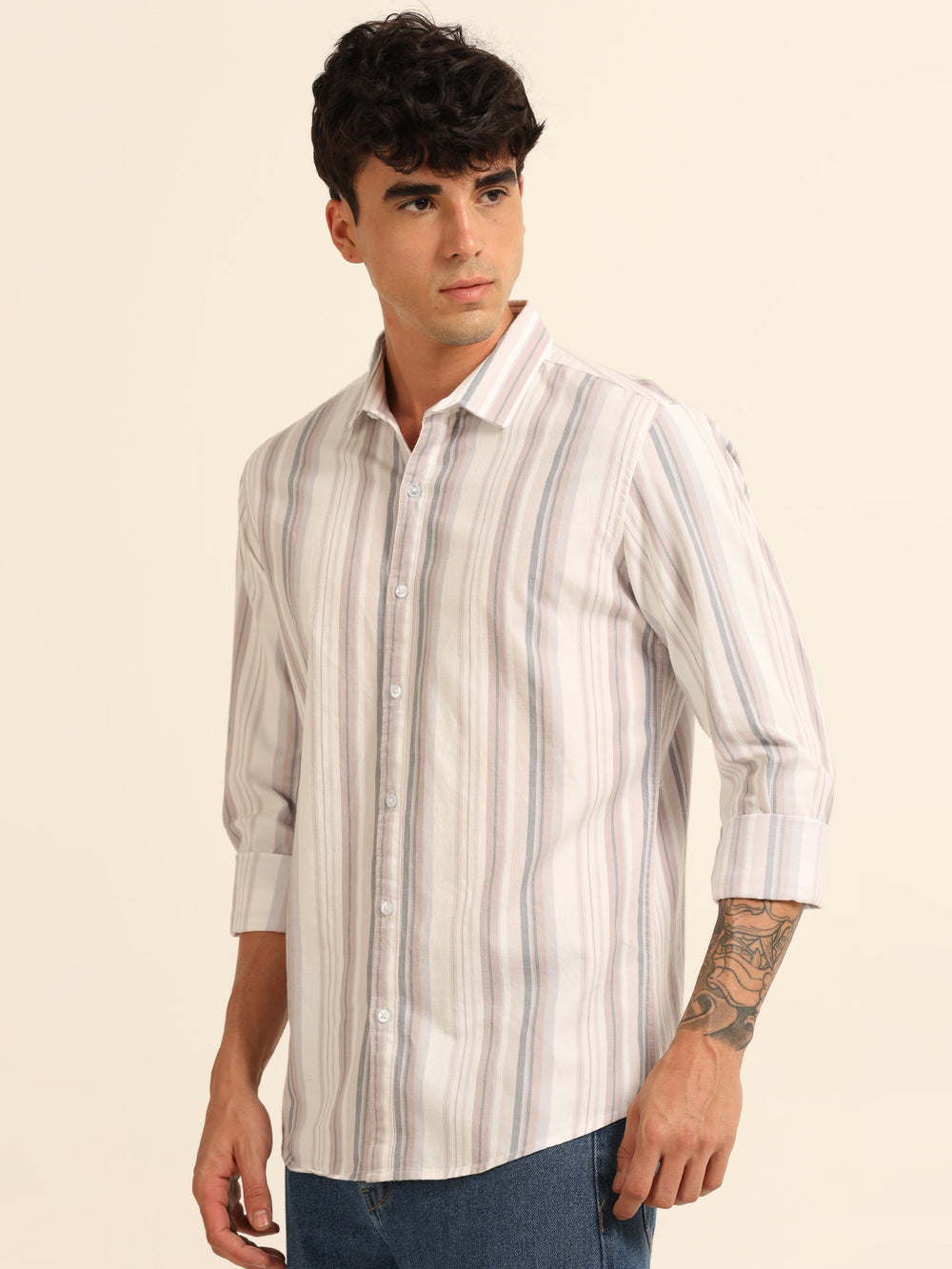 French Taupe Stripes Shirt Stripes Shirt Bushirt