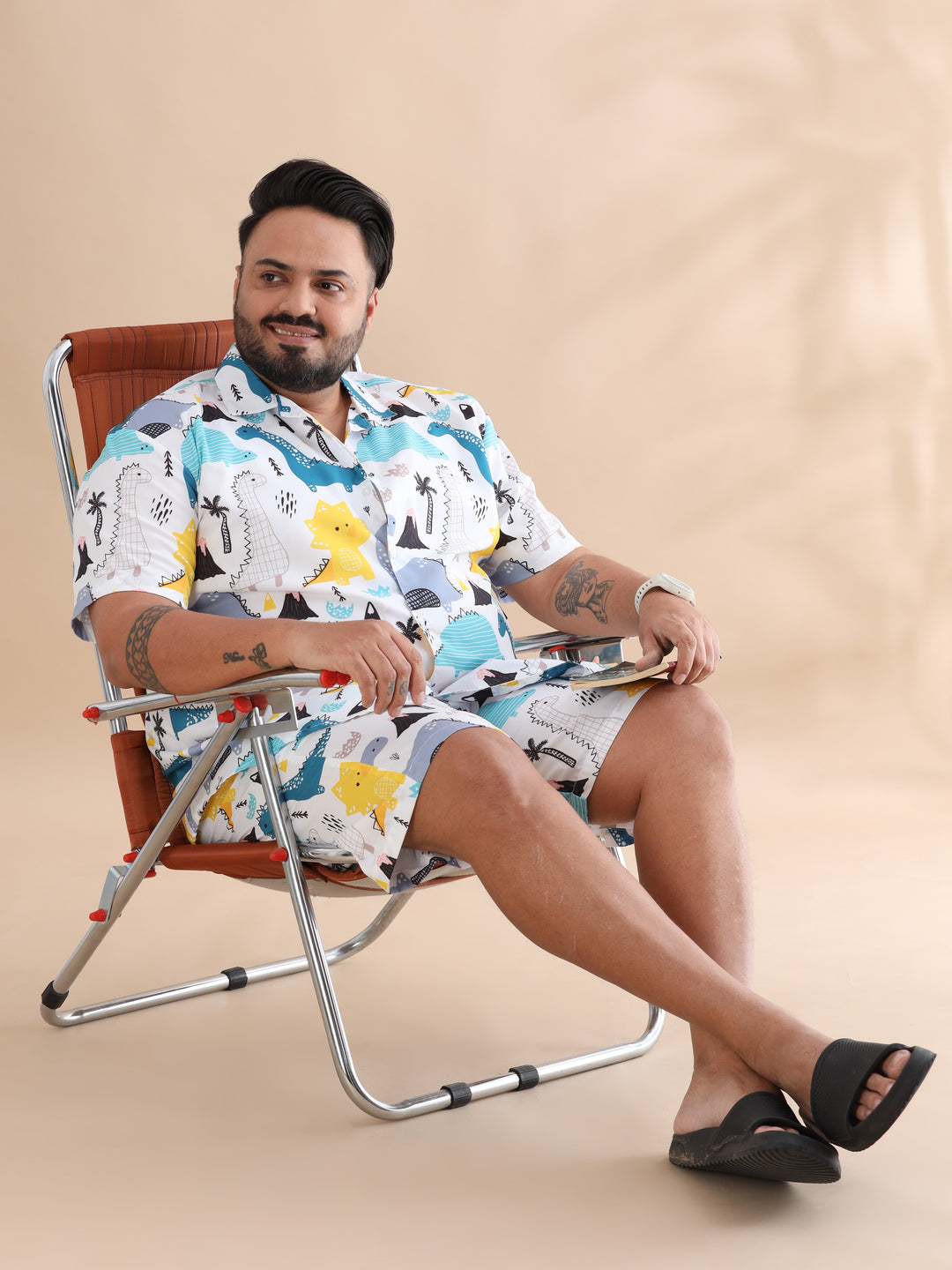 Cartoon Dino White Plus Size Co-Ords Plus Size Co-Ords Bushirt